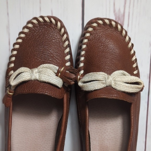 Fat Face British Brown Leather Loafers Women's 8.5 Cream Bow Stitching‎ Heritage - Picture 9 of 16